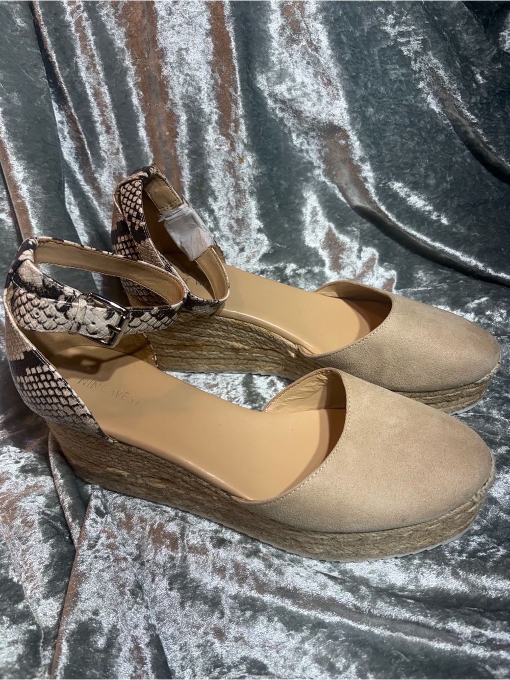 Nine West Beige Suede Snake Print Espadrille Wedges